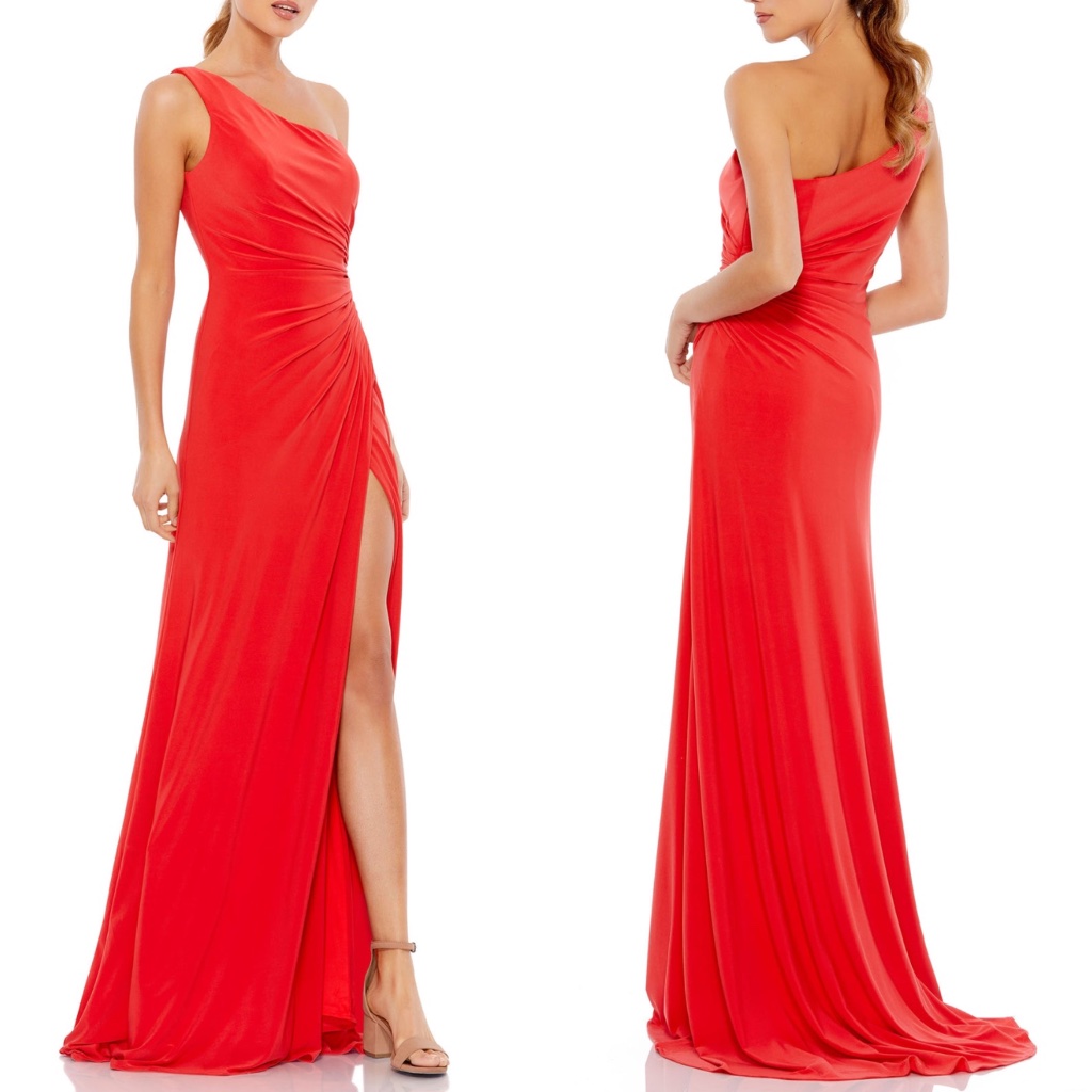 New Ieena Mac Duggal Cherry Red Ruched One Shoulder Jersey Evening Dress Gown 0